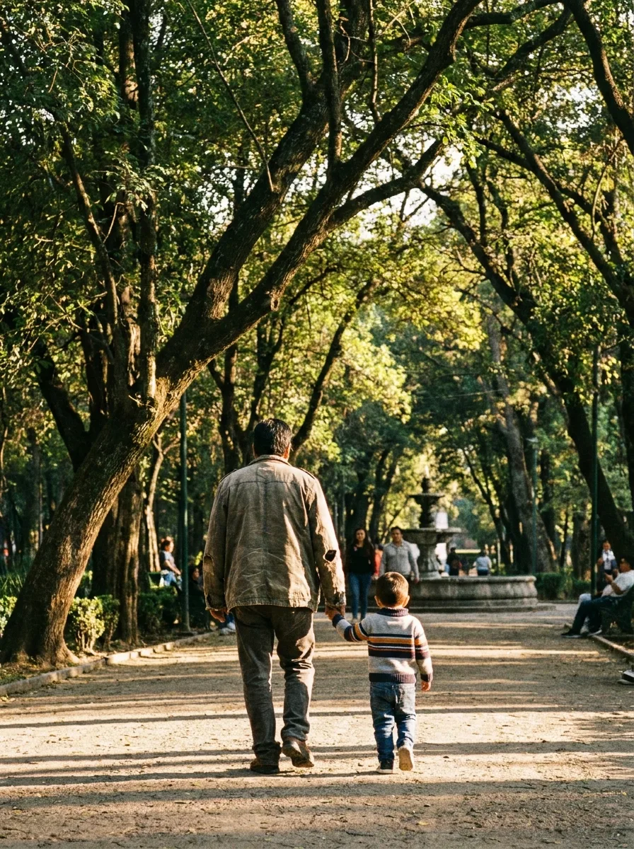 Madre o padre de la mano de su hijo en un parque de la Ciudad de México — guarda y custodia